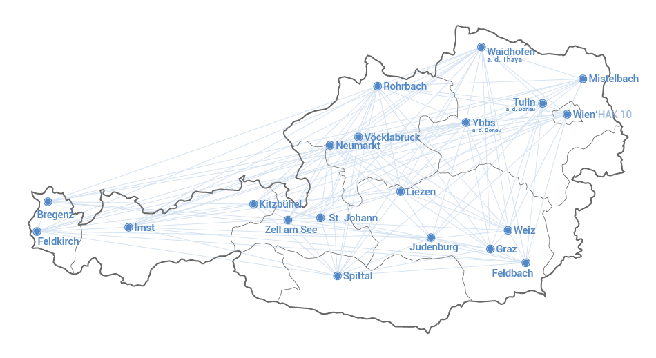 Karte von Österreich mit markierten digBiz-Standorten in mehreren Regionen.